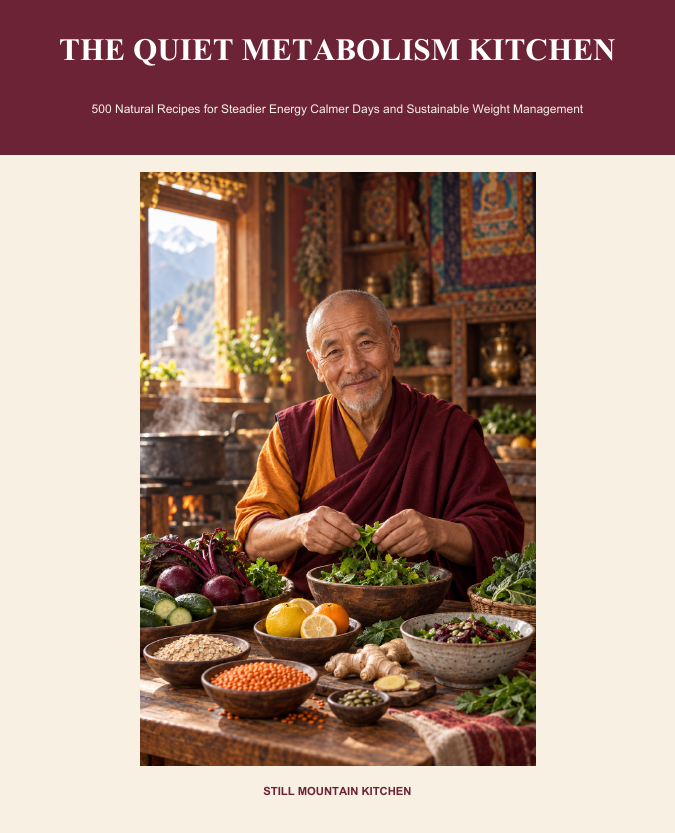 Cover of The Quiet Metabolism Kitchen showing a contemplative cook at a table of colorful whole foods
